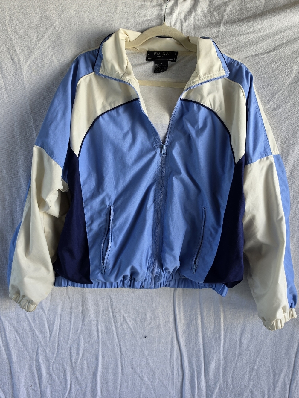 Vintage FUDA Sport Blue White Color Block Track Jacket Windbreaker Sz L Y2k
